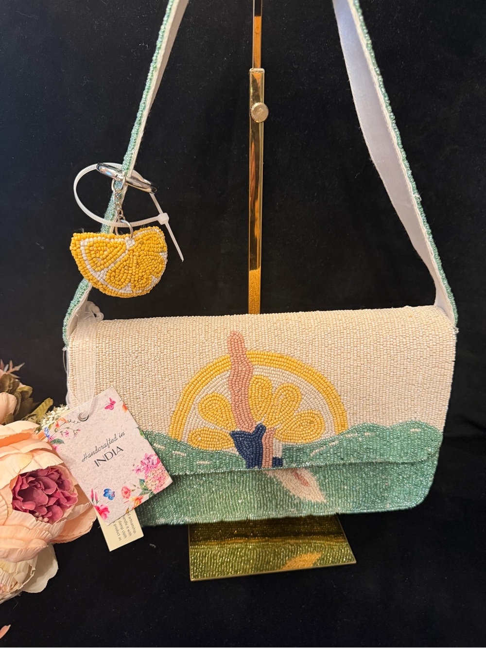 NWT Beaded Diver Shoulder Bag in Cream and Green
